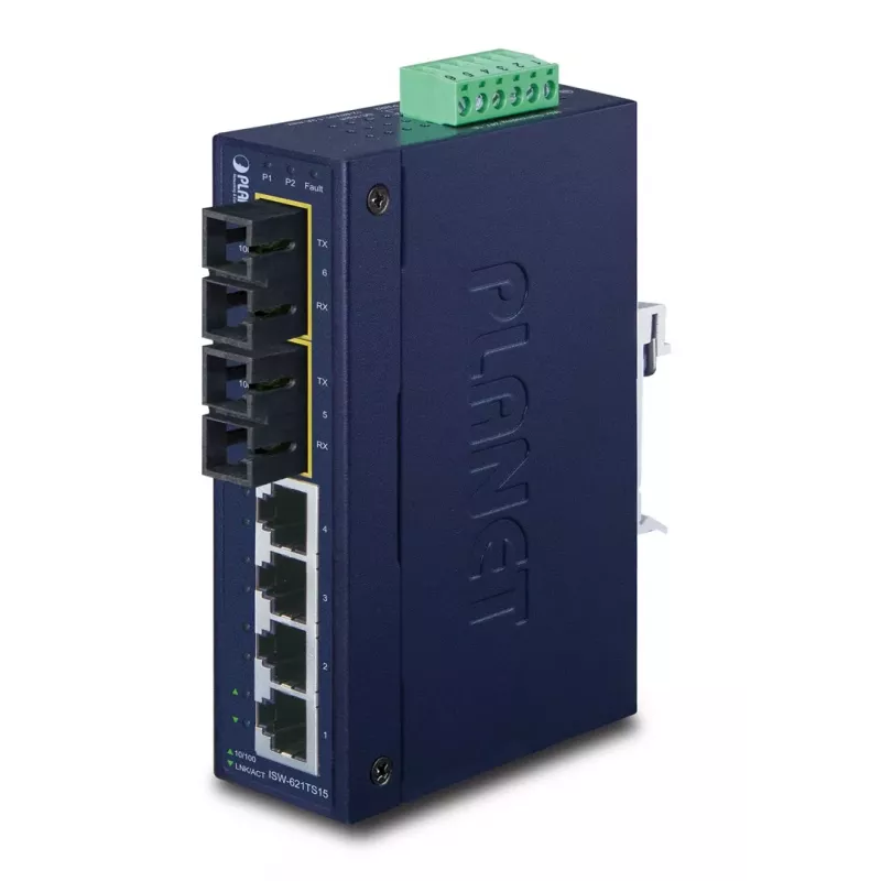 PLANET ISW-621TS15 Industrial Unmanaged L2 Fast Ethernet Switch mit 4x 10/100 + 2x 100Base-FX SC Multi-Mode, DIN-Schienen-/Wandmontage, -40 bis 75 °C
