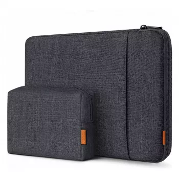 Inateck 16-Zoll Laptop-Hülle mit Zubehörtasche, Schwarz-Grau, wasserabweisendes Polyester, YKK-Reißverschluss, stoßdämpfend, kratzfest, schlankes leichtes Design, kompatibel mit MacBook Pro 16 inch 2021-2023, Dell XPS 15, Surface Laptop 15