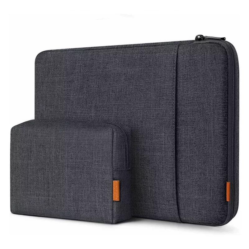 Inateck 16-Zoll Laptop-Hülle mit Zubehörtasche, Schwarz-Grau, wasserabweisendes Polyester, YKK-Reißverschluss, stoßdämpfend, kratzfest, schlankes leichtes Design, kompatibel mit MacBook Pro 16 inch 2021-2023, Dell XPS 15, Surface Laptop 15