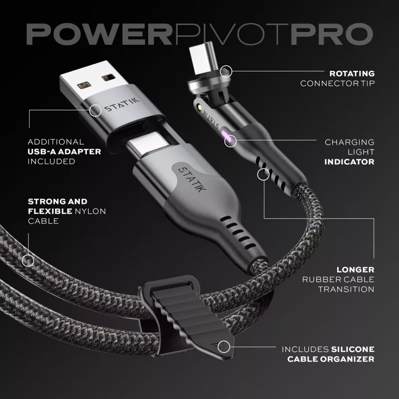 STATIK PowerPivot Pro Nylon Braided USB-C to USB-C Cable 3m Black