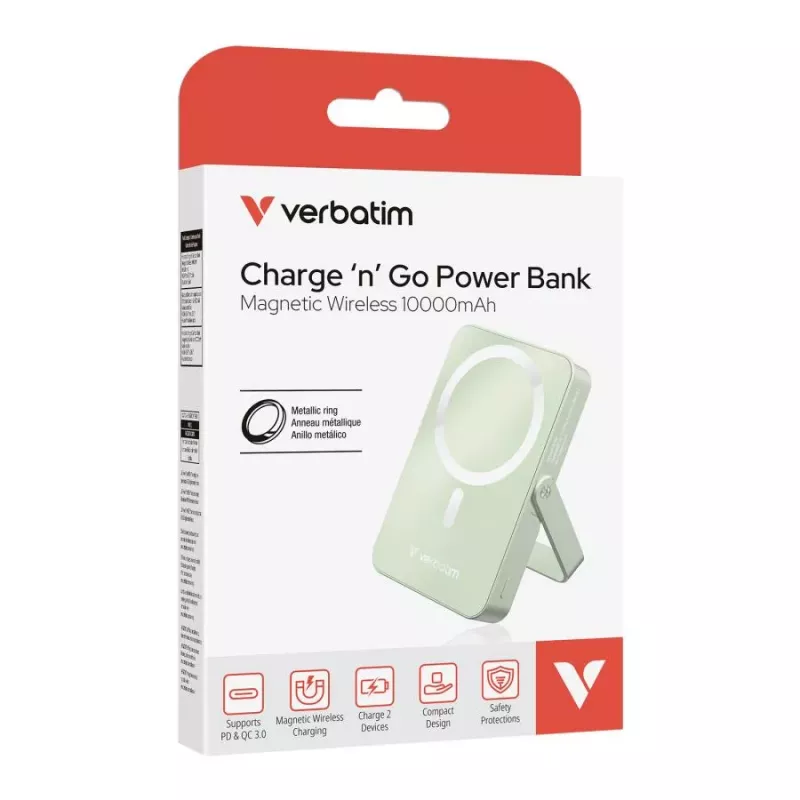 Verbatim Charge 'n' Go Magnetic Wireless Power Bank mit Stand 10000mAh USB-C PD 3.0 Grün