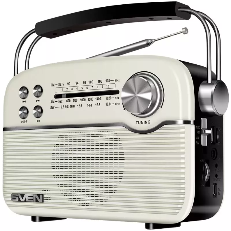 SVEN SRP-500 Tragbarer Bluetooth-Lautsprecher, Weiß (3W, FM/AM/SW-Radio, USB, microSD, AUX, Akku)