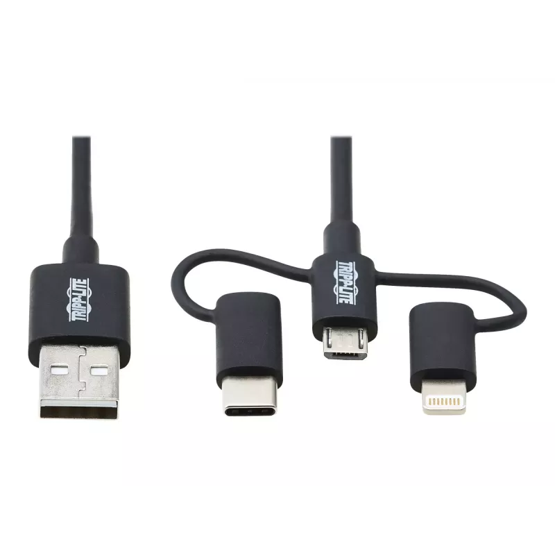 Eaton Tripp Lite Series Universal USB-A auf Lightning, USB Micro-B und USB-C Sync-/Ladekabel (M/3xM), MFi-zertifiziert, Schwarz, 1,8 m