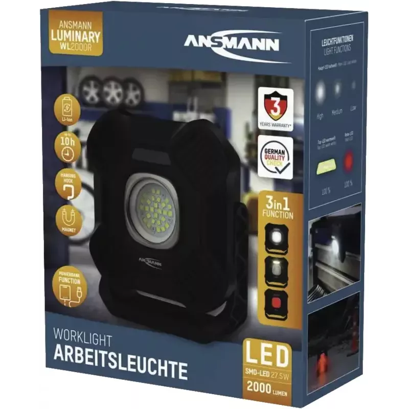 ANSMANN WL2000R Wiederaufladbare LED-Arbeitsleuchte, Schwarz, 20W, 2000lm, mit Magnet, Aufhängehaken, Stativ - 1 Stück (1600-0755)