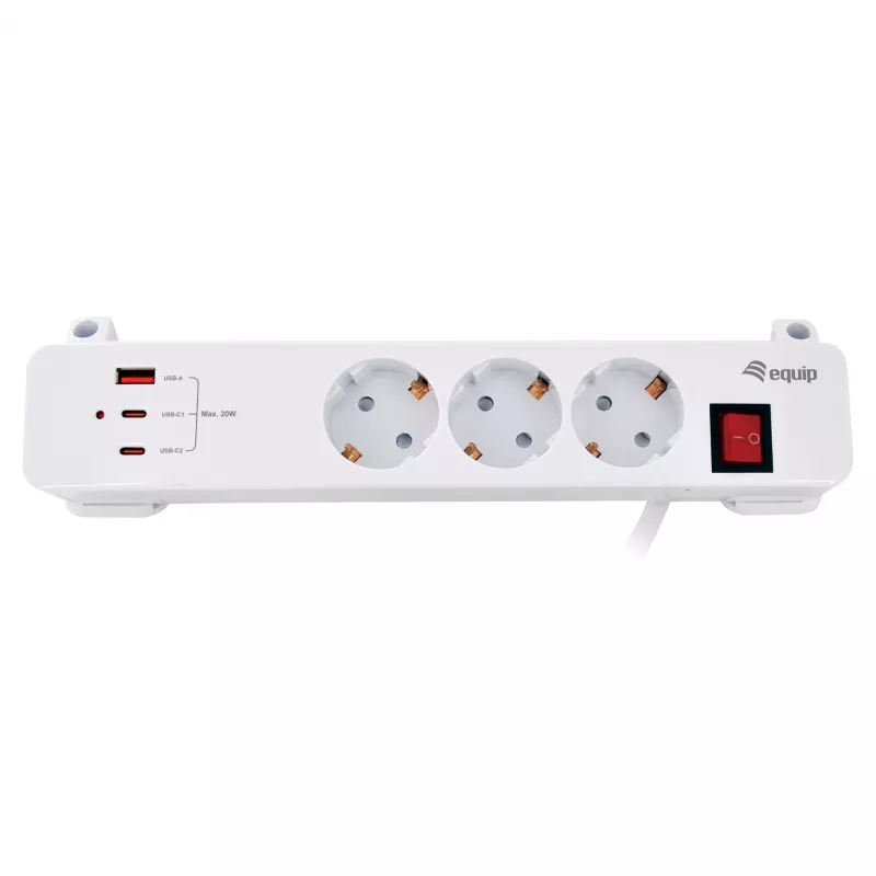 Equip Power Strip CEE 7/7 90° auf 3x Schuko / 2x USB-C + USB-A, Weiß, 1,5m