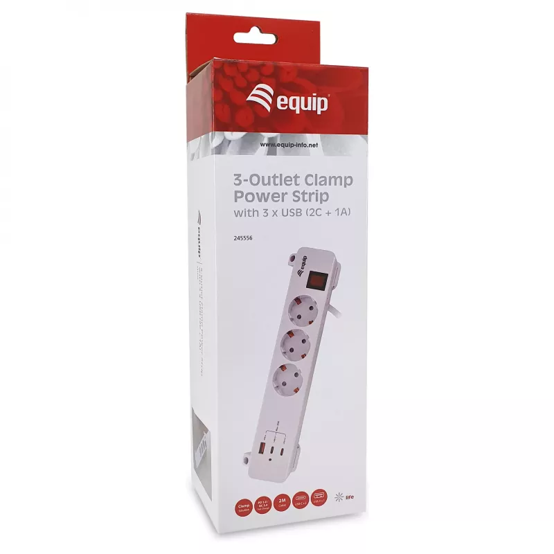 Equip Power Strip CEE 7/7 90° auf 3x Schuko / 2x USB-C + USB-A, Weiß, 1,5m