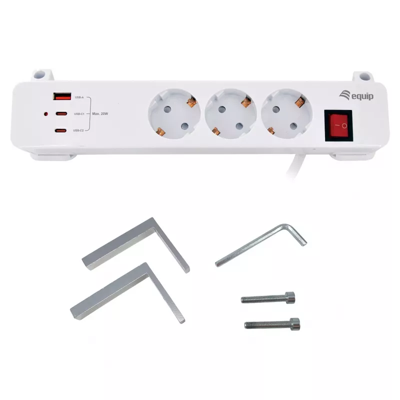 Equip Power Strip CEE 7/7 90° auf 3x Schuko / 2x USB-C + USB-A, Weiß, 1,5m