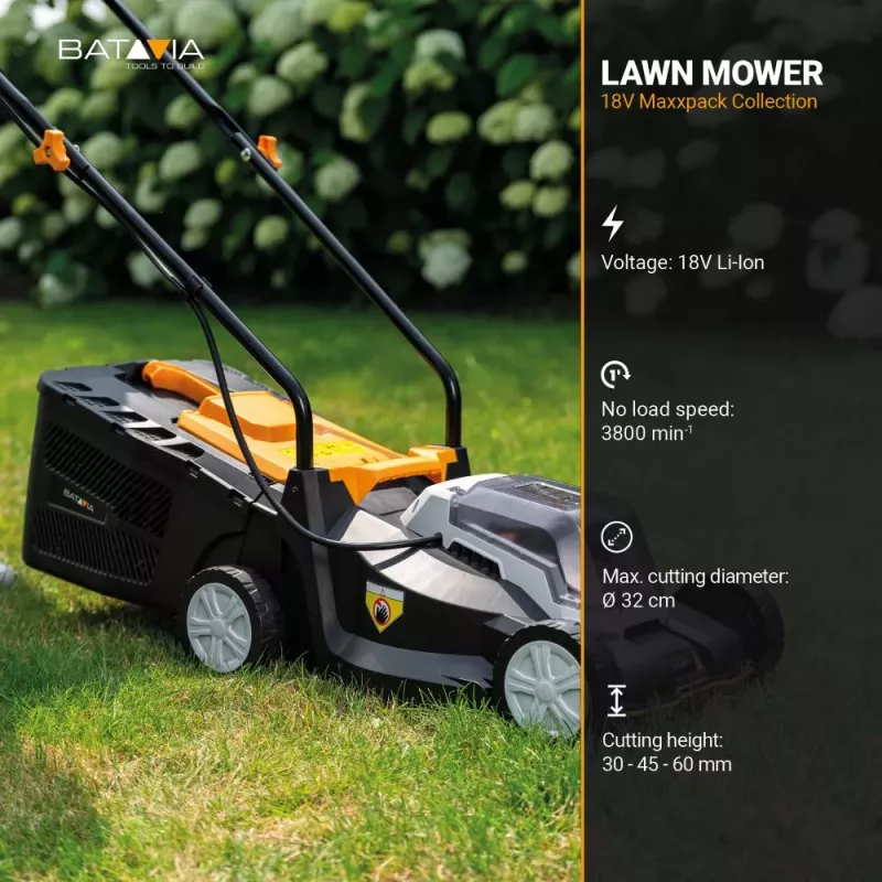 Batavia 18V Akku-Rasenmäher 32 cm - Gerät ohne Akku und Ladegerät - Maximale Schnittfläche 200 m²