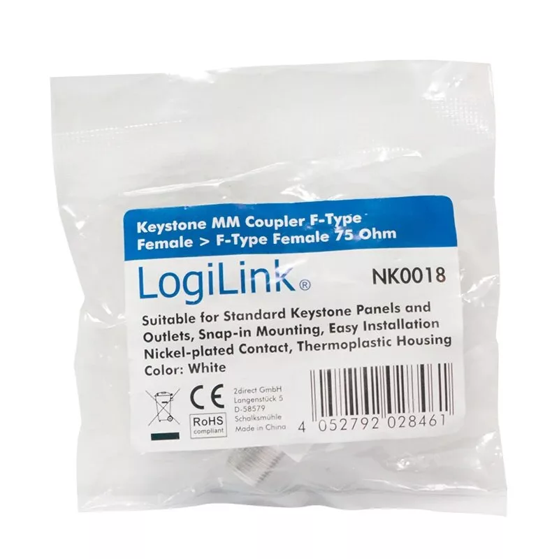 LogiLink Keystone In-Line Coupler F Buchse auf F Buchse 75 Ohm Weiß