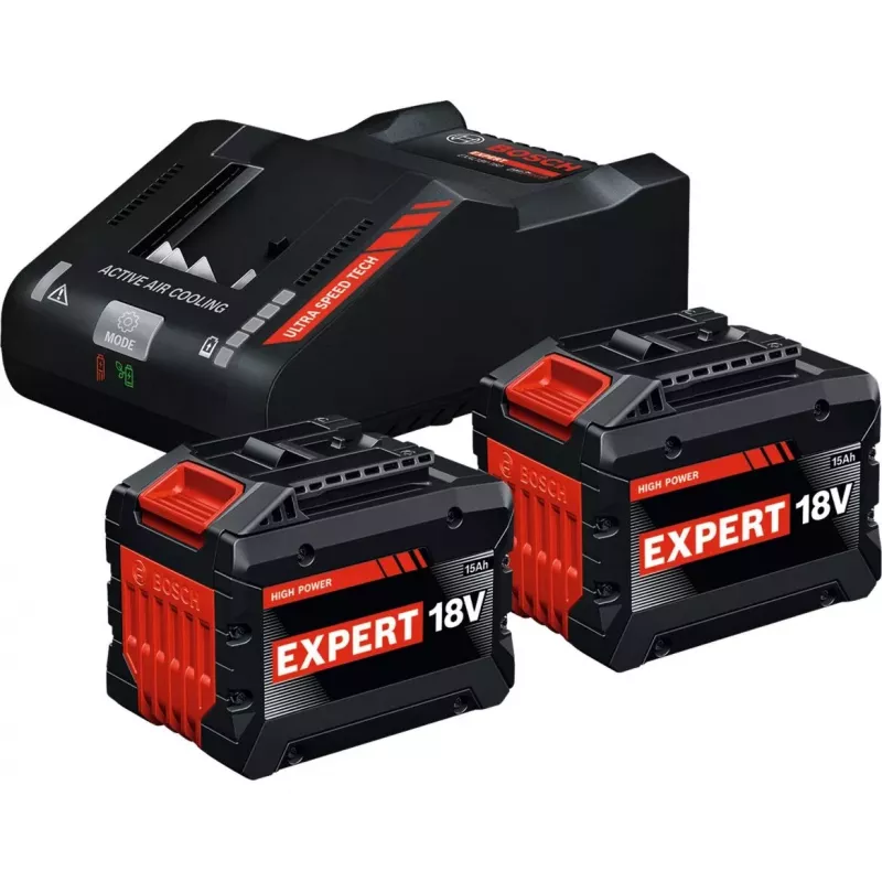 BOSCH EXPERT Starter Set 18V, 2x EXBA 18V-150 + Ladegerät EXAL18V-160 (Schwarz, 2x Li-Ion Akku 15Ah, AMPShare Alliance)