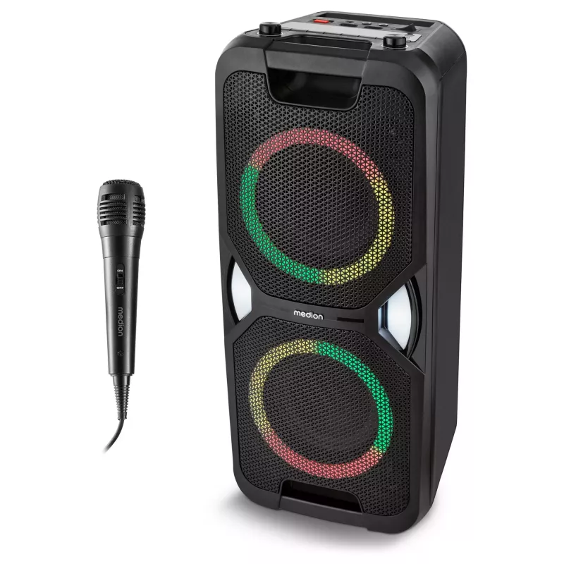 MEDION PE-1 Pure Party Speaker Schwarz - Bluetooth 5.0, 40W RMS, 2x 6,5 inch Lautsprecher, Karaoke, TWS, LED-Lichter, Powerbank