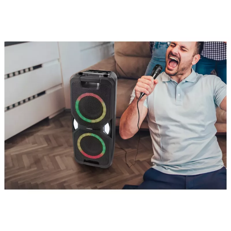 MEDION PE-1 Pure Party Speaker Schwarz - Bluetooth 5.0, 40W RMS, 2x 6,5 inch Lautsprecher, Karaoke, TWS, LED-Lichter, Powerbank