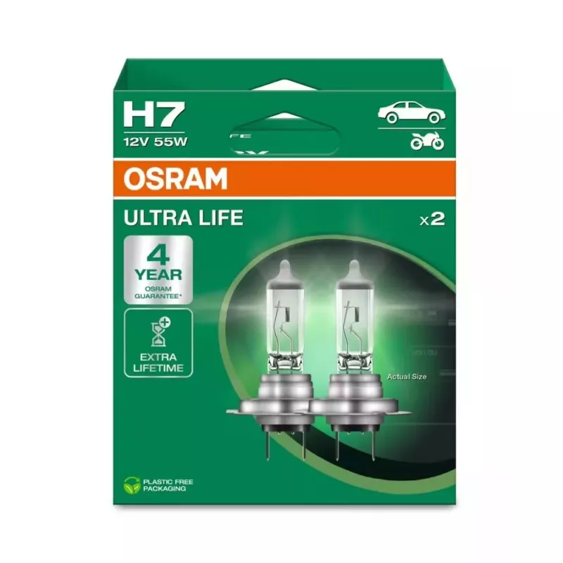 Osram H7 Ultra Life 2er-Pack Halogen-Scheinwerferlampen 12V 55W