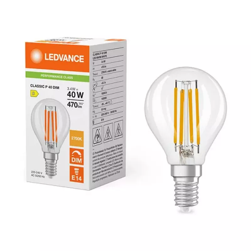OSRAM CLP40 DIM 3.4W 827 FIL CL E14 P LED dimmbare Tropfenlampe klar 2700K