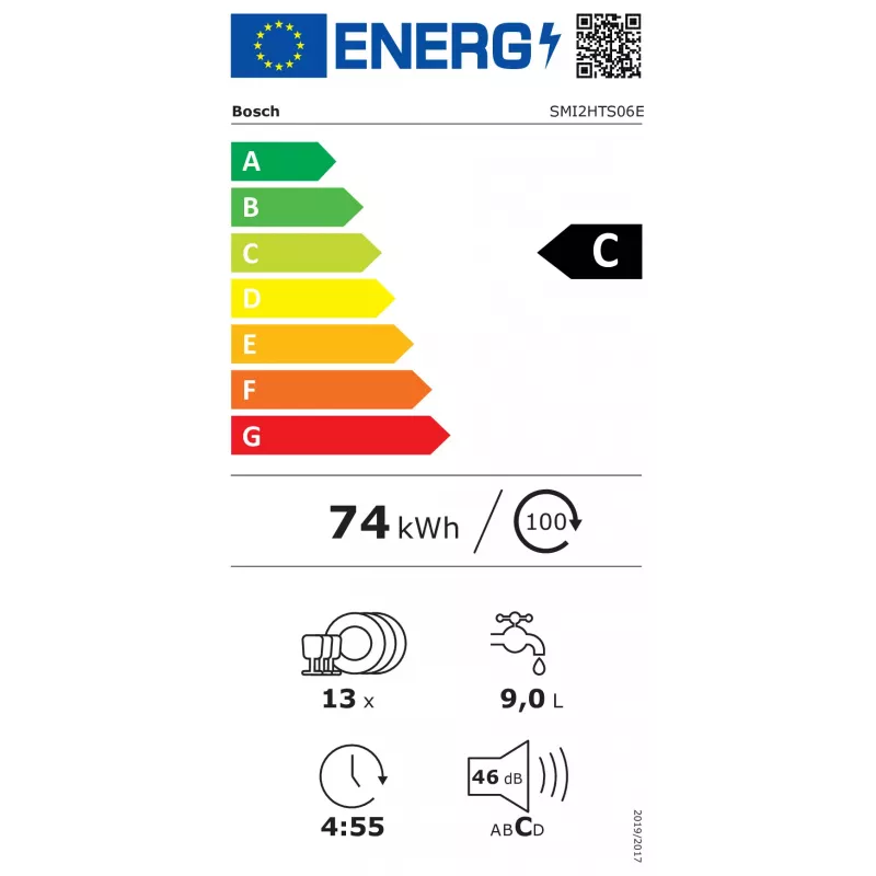 BOSCH SMI2HTS06E teilintegrierter Geschirrspüler, Energieklasse C, 60 cm, 46 dB, 9,5 L, 5 Programme, Vario Körbe, Edelstahl