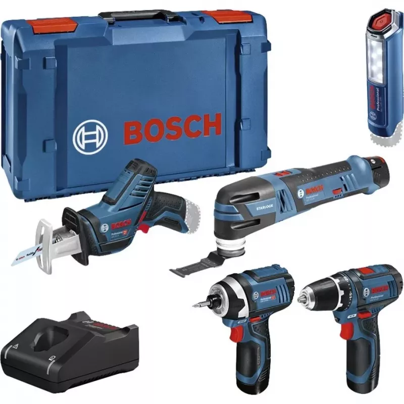 Bosch Power Tools 12V 5-teiliges Werkzeugset GOP + GSR + GDR + GSA + GLI (Blau, 3x Li-Ion 2,0 Ah Akku)