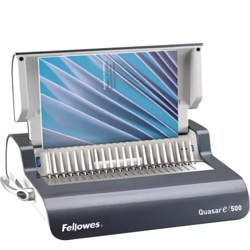 Fellowes Quasar-E 500 Elektrische Comb-Bindemaschine, 20-Blatt-Stanzung, 500-Blatt-Bindekapazität, A4, 21 rechteckige Löcher, verstellbarer Rand, Metall-/Kunststoffgehäuse, großer Abfallbehälter