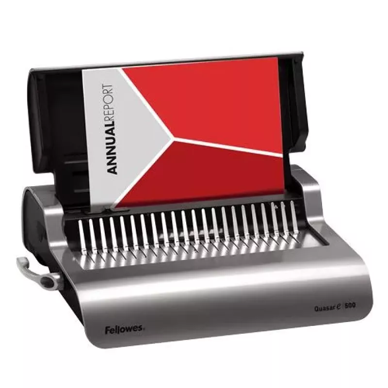 Fellowes Quasar-E 500 Elektrische Comb-Bindemaschine, 20-Blatt-Stanzung, 500-Blatt-Bindekapazität, A4, 21 rechteckige Löcher, verstellbarer Rand, Metall-/Kunststoffgehäuse, großer Abfallbehälter