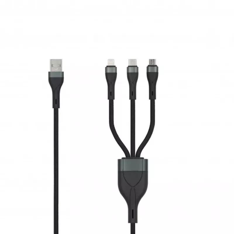 SEEK TOTI USB-A auf Micro-USB / USB-C / Lightning 1,5m geflochtenes Kabel 2A (Non-MFI) Schwarz