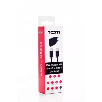 SEEK TOTI 20W Type-C PD Wandladegerät mit Type-C auf Type-C, 1 m PVC-Datenkabel 3A, Schwarz
