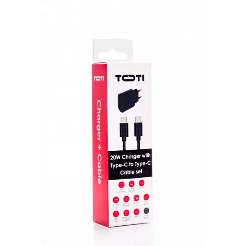 SEEK TOTI 20W Type-C PD Wandladegerät mit Type-C auf Type-C, 1 m PVC-Datenkabel 3A, Schwarz