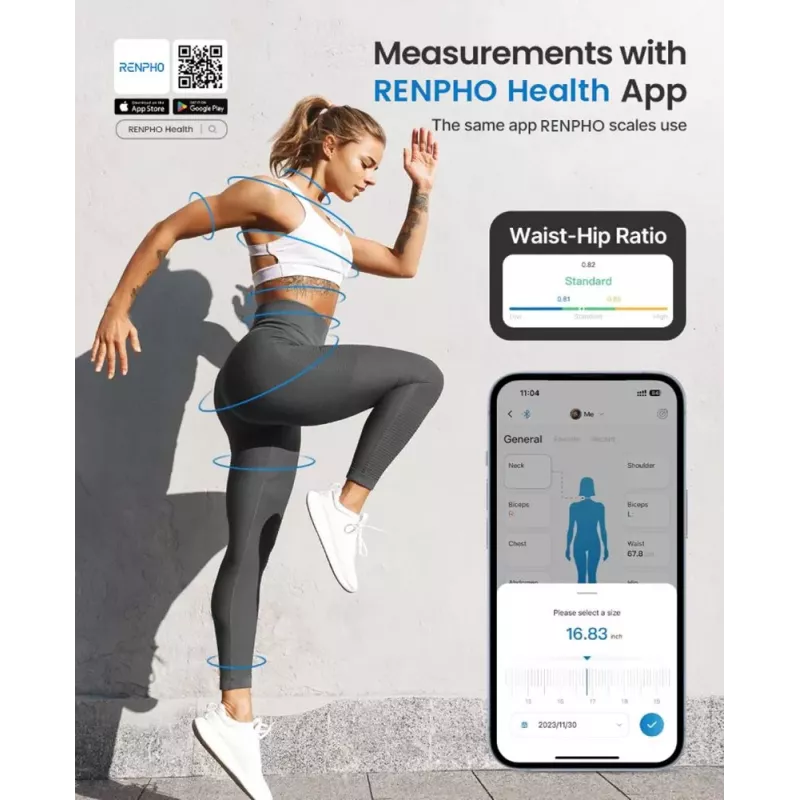 RENPHO Smart Tape Measure - Bluetooth Körpermaßband für BMI, Taille, Hüfte, Arm, Bein, Brust - Automatisch einziehbar, LCD-Display, kompatibel mit Renpho Health App, Apple Health, Google Fit, Samsung Health - Schwarz