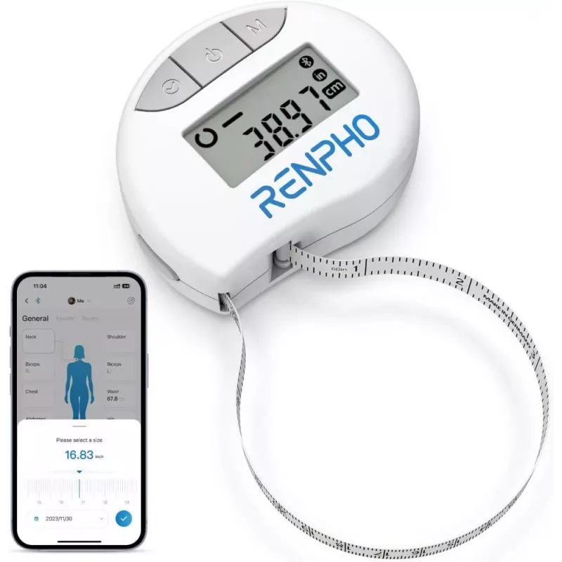 RENPHO Smart Tape Measure - Bluetooth Körpermaßband für BMI, Taille, Hüfte, Arm, Bein, Brust - Automatisch einziehbar, LCD-Display, kompatibel mit Renpho Health App, Apple Health, Google Fit, Samsung Health - Schwarz