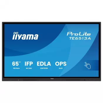 IIYAMA ProLite TE6513A-B3AG 65-Zoll 4K UHD IPS LED Interaktives Touch-Display mit IR-Touch, 20-Punkt-Touch, Android, 400 cd/m², 8 ms, HDMI, DisplayPort, USB-C, VGA, LAN, Wi-Fi, Bluetooth, VESA 600x400, Schwarz