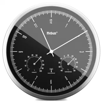 MEBUS 19777 Funk-Wanduhr mit Thermo-Hygrometer, Silber/Weiß, 30 cm