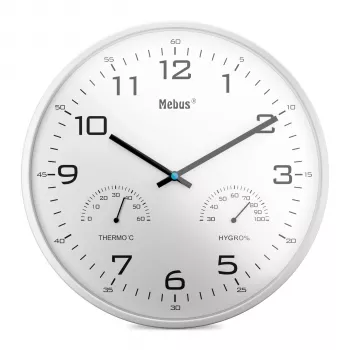 MEBUS 16181 Quarz-Wanduhr, 25 cm, weißes Zifferblatt, silberner Rahmen, Silent Sweep
