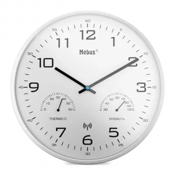 MEBUS 52841 Funk-Wanduhr, schwarzer Rahmen, weißes Zifferblatt, 30 cm