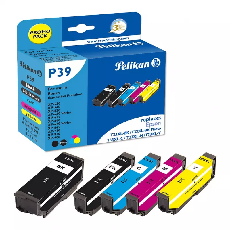 Pelikan P39 Kompatible Tintenpatrone Multipack 5er-Pack für Epson 33XL (Schwarz, Cyan, Magenta, Gelb, Fot Schwarz)