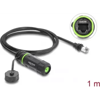 Delock RJ45 Stecker auf RJ45 Buchse Cat.6 Panel-Mount-Kabel mit M20 x 1,5 mm Gewinde und Gehäuse kompatibel mit Starlink, Schwarz, 20 cm