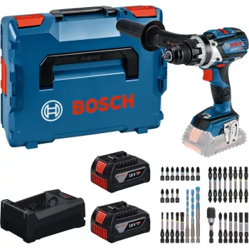 Bosch Professional 18V Akku-Bohrschrauber Set 2x5,0 Ah Li-Ion 110 Nm bürstenlos mit Ladegerät und Bit-Set im MetaLoc II Koffer