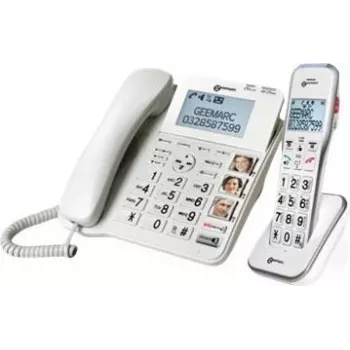 Geemarc DECT595 COMBI Schnurgebundenes Seniorentelefon mit Anrufbeantworter, Freisprecheinrichtung, optischer Rufsignalisierung, Hörgerätekompatibel, inklusive Notfallsender (DECT595_COMBI_WH_VDE)