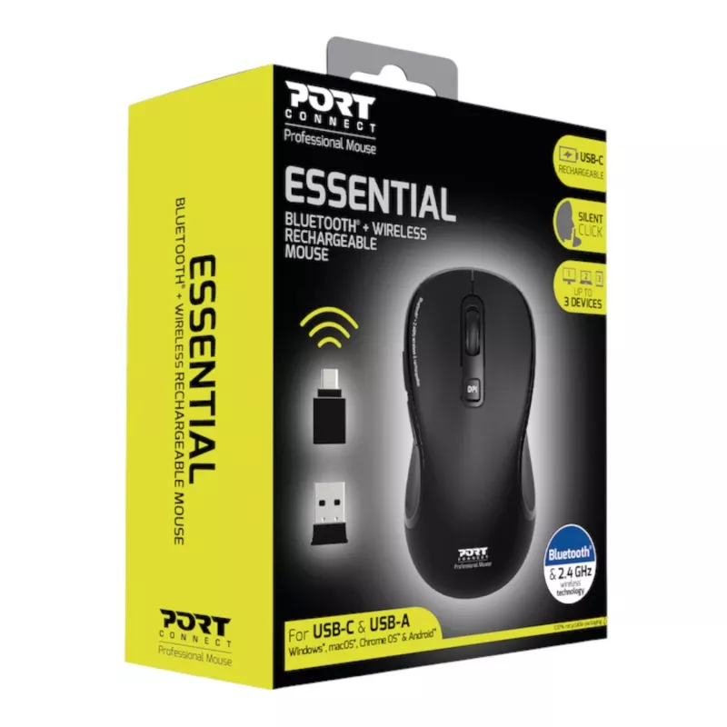 PORT Designs PORT Connect Professional ESSENTIAL Wireless Optical Mouse - 5 Tasten - 2,4 GHz, Bluetooth - USB-Empfänger - Schwarz