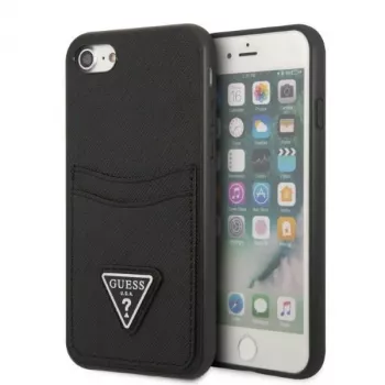 Guess GUHCI8PSATPK Hard Case für iPhone 7/8/SE 2020/SE 2022 - Schwarz Saffiano mit Dreieckslogo und Kartenfach