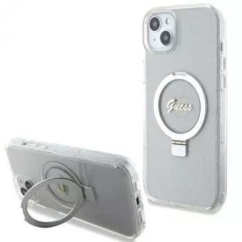 Guess GUHMP15MHRSGSD iPhone 15 Plus / 14 Plus 6,7 inch Transparente Hardcase Ring Stand Script Glitter MagSafe