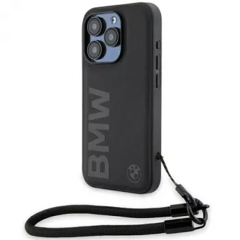 BMW Signature Leather Wordmark Cord Hard Case für iPhone 15 Pro 6.1 Schwarz