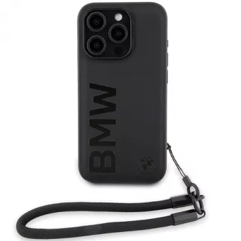 BMW Signature Leather Wordmark Cord Hard Case für iPhone 15 Pro 6.1 Schwarz