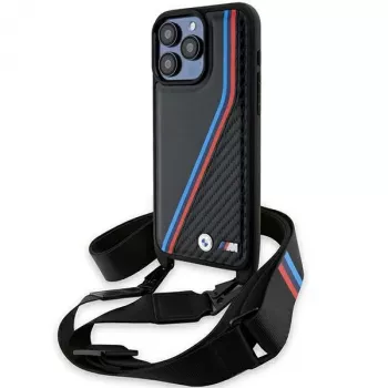 BMW M Edition Carbon Tricolor Lines Hard Case für Apple iPhone 15 Pro 6,1 inch Schwarz mit Trageband
