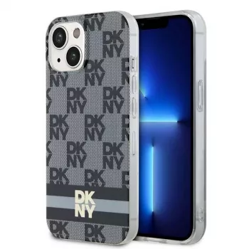 DKNY DKHMP14SHCPTSK Hard Case für iPhone 14/15, kariertes Monomuster & bedruckte Streifen, Schwarz, MagSafe