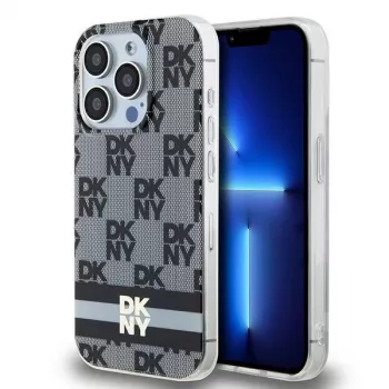 DKNY DKHMP15LHCPTSK Hard Case für Apple iPhone 15 Pro 6,1 inch - Schwarz, kariertes Mono-Muster & bedruckte Streifen mit MagSafe