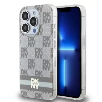 DKNY DKHMP13LHCPTSE Hardcase für Apple iPhone 13 Pro / iPhone 13, Beige kariertes Monomuster & bedruckte Streifen, MagSafe-kompatibel