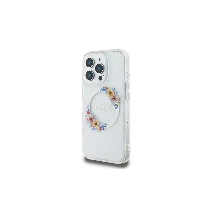 Guess GUHMP16LHFWFCT Hardcase für iPhone 16 Pro 6,3 inch Transparent IML Flowers Wreath MagSafe