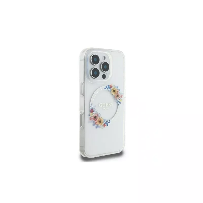 Guess GUHMP16LHFWFCT Hardcase für iPhone 16 Pro 6,3 inch Transparent IML Flowers Wreath MagSafe