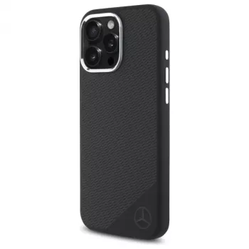 Mercedes-Benz iPhone 16 Pro 6,3 inch Silikon-Hardcase mit Tonal-Logo und Holz-Muster, MagSafe - Schwarz