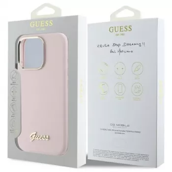 Guess GUHCP16LSMBSLP iPhone 16 Pro 6.3 Zoll Pink Silikon Hartschale mit Script Metal Logo & Rahmen