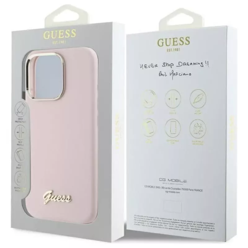 Guess GUHCP16LSMBSLP iPhone 16 Pro 6.3 Zoll Pink Silikon Hartschale mit Script Metal Logo & Rahmen
