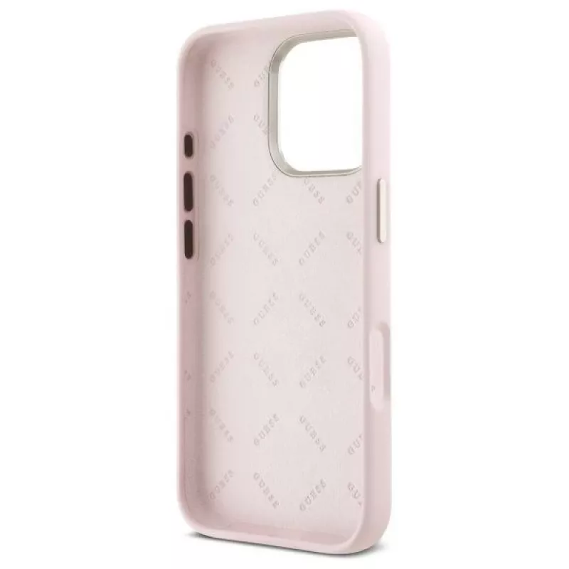 Guess GUHCP16LSMBSLP iPhone 16 Pro 6.3 Zoll Pink Silikon Hartschale mit Script Metal Logo & Rahmen